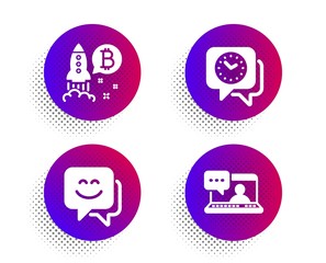 Clock, Bitcoin project and Smile face icons simple set. Halftone dots button. Friends chat sign. Time, Cryptocurrency startup, Chat. Message. Business set. Classic flat clock icon. Vector