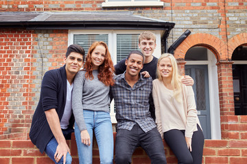 Portrait Of Group Of Smiling College Students Outside Rented Shared House - obrazy, fototapety, plakaty
