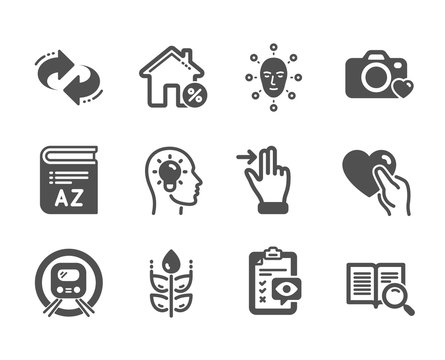 Set of Business icons, such as Loan house, Photo camera, Touchscreen gesture, Gluten free, Eye checklist, Face biometrics, Idea head, Hold heart, Search text, Vocabulary, Refresh. Vector