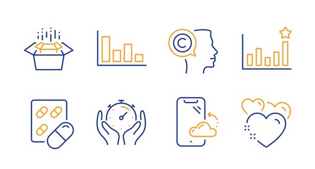 Efficacy, Smartphone cloud and Capsule pill line icons set. Histogram, Writer and Timer signs. Packing boxes, Heart symbols. Business chart, Phone backup. Business set. Line efficacy icon. Vector