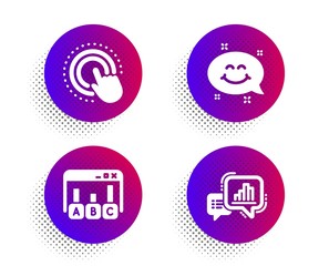 Click hand, Survey results and Smile chat icons simple set. Halftone dots button. Graph chart sign. Touch gesture, Best answer, Happy emoticon. Growth report. Technology set. Vector