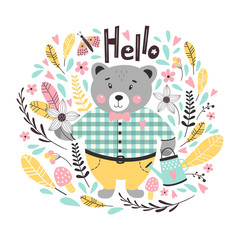 Autumn card with cute bear and leaves. Vector