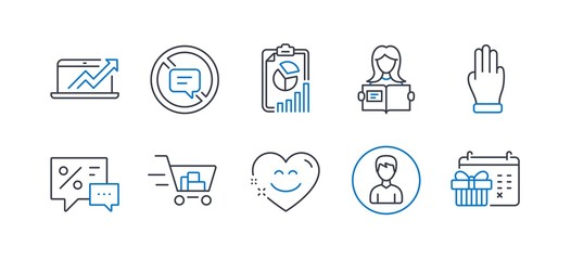 Set of Business icons, such as Woman read, Smile chat, Report, Shopping cart, Discounts, Person, Three fingers, Sales diagram, Stop talking, Christmas calendar line icons. Line woman read icon. Vector