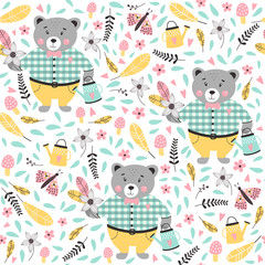 Seamless pattern with cute bear on a white background. Vector illustrations