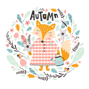 Autumn card with cute fox and leaves. Vector