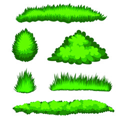 Vector set of simple illustrations of green bushes and grass.