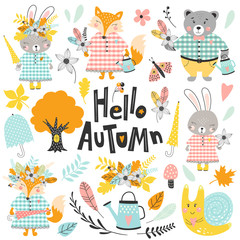 Autumn set, hand drawn elements with forest animals  bear, fox, bunny, snail, and leaves. Vector