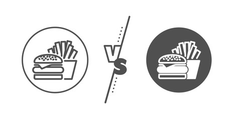 Fast food restaurant sign. Versus concept. Burger with fries line icon. Hamburger or cheeseburger symbol. Line vs classic burger icon. Vector