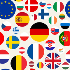 Seamless political pattern with European Union countries flags. Vector colorful illustration with set EU members emblems.