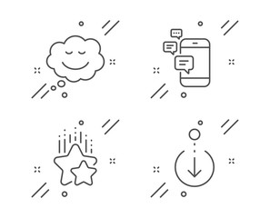 Communication, Ranking stars and Speech bubble line icons set. Scroll down sign. Smartphone messages, Winner award, Comic chat. Swipe screen. Technology set. Line communication outline icon. Vector