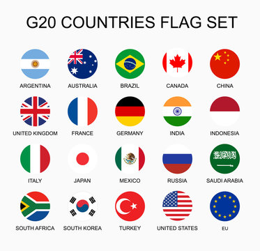 Set flat colorful vector circle flags of the country members G20. Group of nations. 