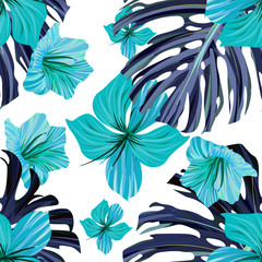 Hibiscus flower. Seamless tropic pattern. Palm summer background