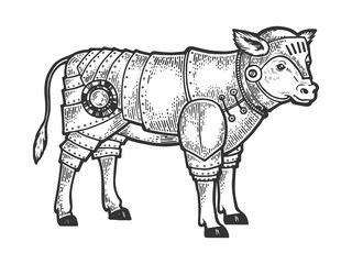 Obraz premium Calf bull in knight armor sketch engraving vector illustration. Tee shirt apparel print design. Scratch board style imitation. Black and white hand drawn image.