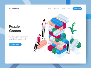 Landing page template of Puzzle Games Isometric Illustration Concept. Modern design concept of web page design for website and mobile website.Vector illustration EPS 10