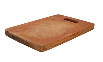 Old wooden cutting board isolated on white background