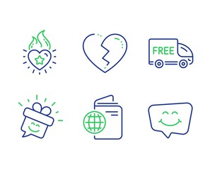 Fototapeta premium Free delivery, Broken heart and Heart flame line icons set. Travel passport, Smile and Smile chat signs. Shopping truck, Love end, Love fire. Trip document. Holidays set. Vector