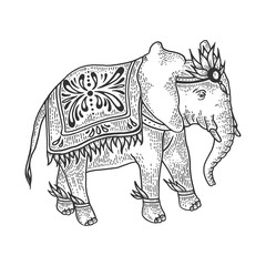 Indian elephant animal sketch engraving vector illustration. Tee shirt apparel print design. Scratch board style imitation. Black and white hand drawn image.