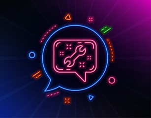 Spanner tool line icon. Neon laser lights. Repair service chat sign. Fix instruments symbol. Glow laser speech bubble. Neon lights chat bubble. Banner badge with spanner icon. Vector