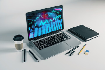 Laptop closeup with forex graph on computer screen. Financial trading and education concept. 3d rendering.