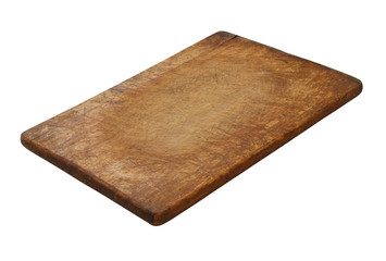 Rustic wooden cutting board isolated on white background