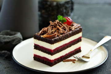 Chocolate cake with black forest cherries.