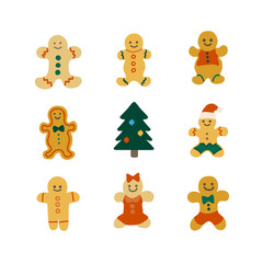 Set of cute gingerbread cookies for christmas. Isolated on white background. Vector illustration.