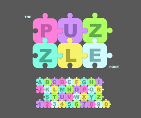 Children s font in the cartoon style. Colorful Background Puzzle.