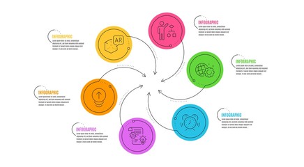 Algorithm, Time management and Augmented reality line icons set. Infographic timeline. Swipe up, Seo gear and Cogwheel signs. Developers job, Alarm clock, Virtual reality. Scrolling page. Vector