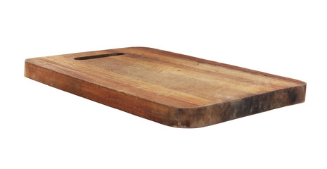 Old wooden cutting board isolated on white background