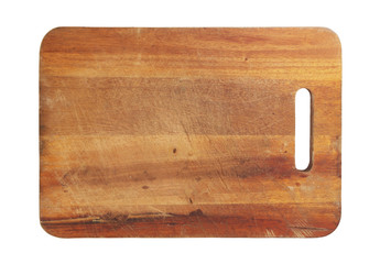 Old used wooden cutting board isolated on white background