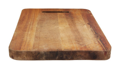 Rustic wooden cutting board isolated on white background