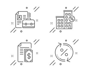 Vacancy, Loan house and Payment line icons set. Loan percent sign. Hiring job, Discount percent, Cash money. Change rate. Finance set. Line vacancy outline icon. Vector