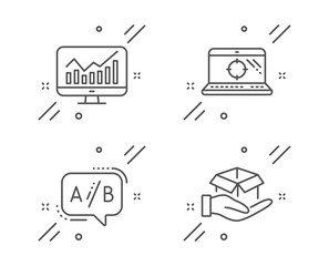 Seo laptop, Ab testing and Statistics line icons set. Hold box sign. Search engine, Test chat, Financial report. Delivery parcel. Technology set. Line seo laptop outline icon. Vector