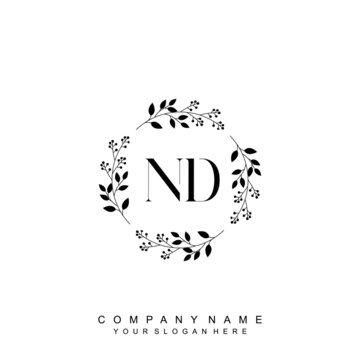 letter ND surrounded by beautiful and elegant flowers and leaves. Wedding monogram logo template. Fashion Logo template Vectors,