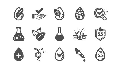 No artificial colors, Anti-dandruff flakes free icons. Dermatologically tested, Paraben chemical formula icons. Hypoallergenic tested, Neutral ph. Classic set. Quality set. Vector