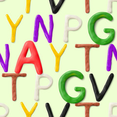 Seamless pattern with alphabet. Handmade modeling clay letters. Realistic 3d vector background.