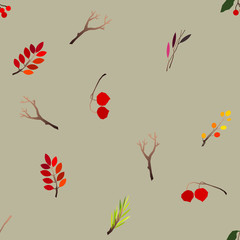 Autumn vector seamless pattern with berries, acorns, pine cone, mushrooms, branches and leaves.