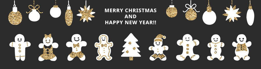 Set of cute gingerbread cookies for christmas. Isolated on black background. Vector illustration.