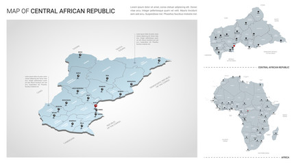 Vector set of Central African Republic country.  Isometric 3d map, Central African Republic map, Africa map - with region, state names and city names.