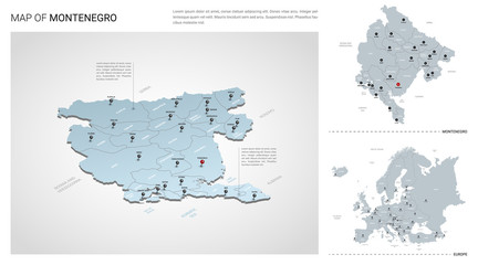 Vector set of Montenegro country.  Isometric 3d map, Montenegro map, Europe map - with region, state names and city names.