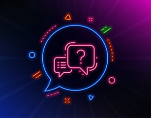 Question mark line icon. Neon laser lights. Quiz chat bubble sign. Glow laser speech bubble. Neon lights chat bubble. Banner badge with question mark icon. Vector