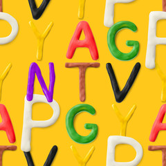 Seamless pattern with alphabet. Handmade modeling clay letters. Realistic 3d vector background.