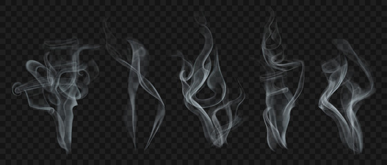 Set of realistic transparent smoke or steam in white and gray colors, for use on dark background. Transparency only in vector format