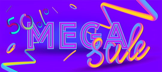 Mega sale. Summer sale banner template. Abstract colorful geometric background, memphis style. Promo badge for your seasonal design. 3D style of text.
