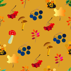 Autumn seamless pattern with berries, acorns, pine cone, mushrooms, branches and leaves.