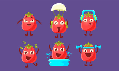Naklejka premium Funny Tomato Set, Cute Vegetable Characters in Different Poses and Various Emotions Vector Illustration