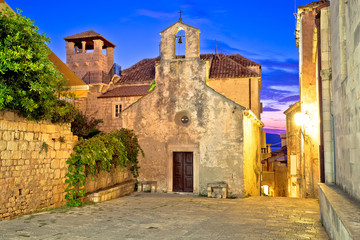 Town of Korcula main square stone church and architecture evening view