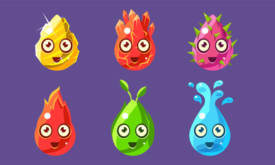 Funny Colorful Glossy Shapes Characters Set, Cute Nature Elements Interface Assets for Mobile App or Video Game Vector Illustration