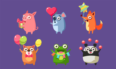 Funny Animal Characters Having Fun at Birthday Party Set, Cute Stickers with Baby Animals, Pig, Mouse, Fox, Dog, Frog, Panda Bear Vector Illustration,