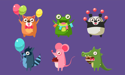 Funny Animal Characters Having Fun at Birthday Party Set, Cute Stickers with Baby Animals, Dog, Frog, Panda Bear, Mouse, Raccoon, Crocodile Vector Illustration
